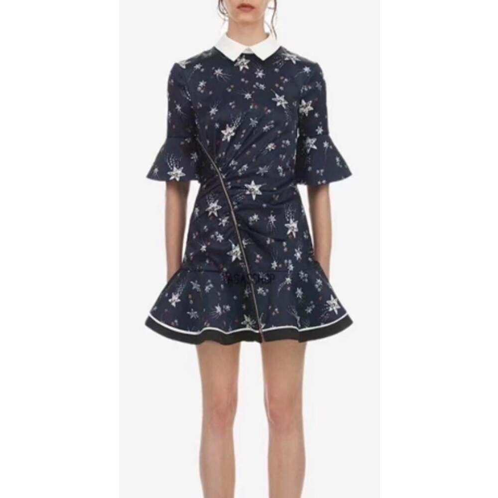 Self-Portrait Women's Ruched Star Print Satin Mini Dress Navy Zip Front Size 0